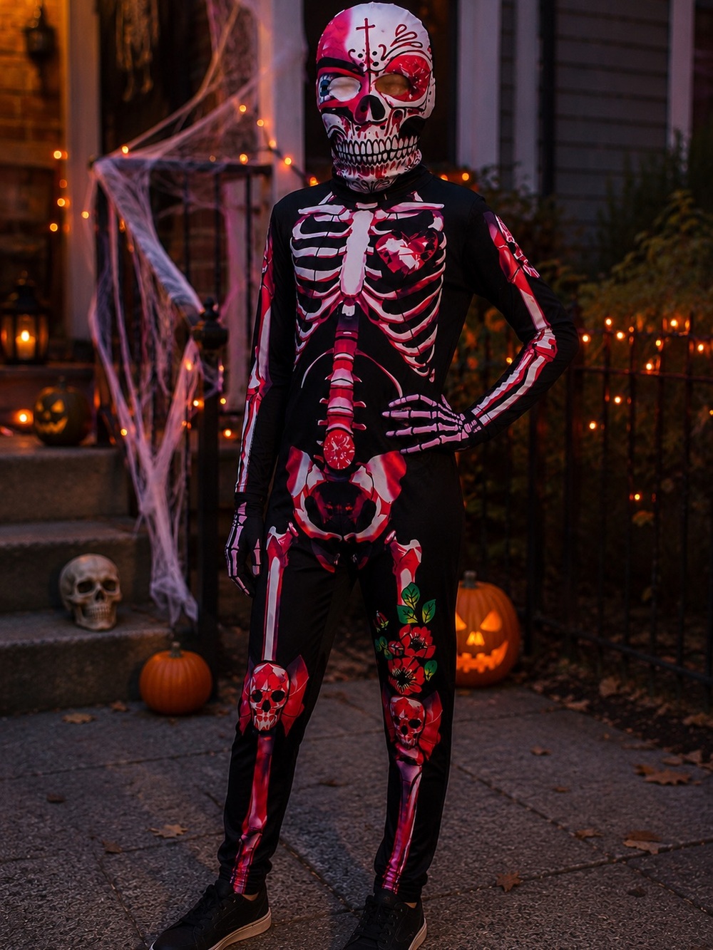 Kids Black & Red Skeleton Costume with Floral Accents